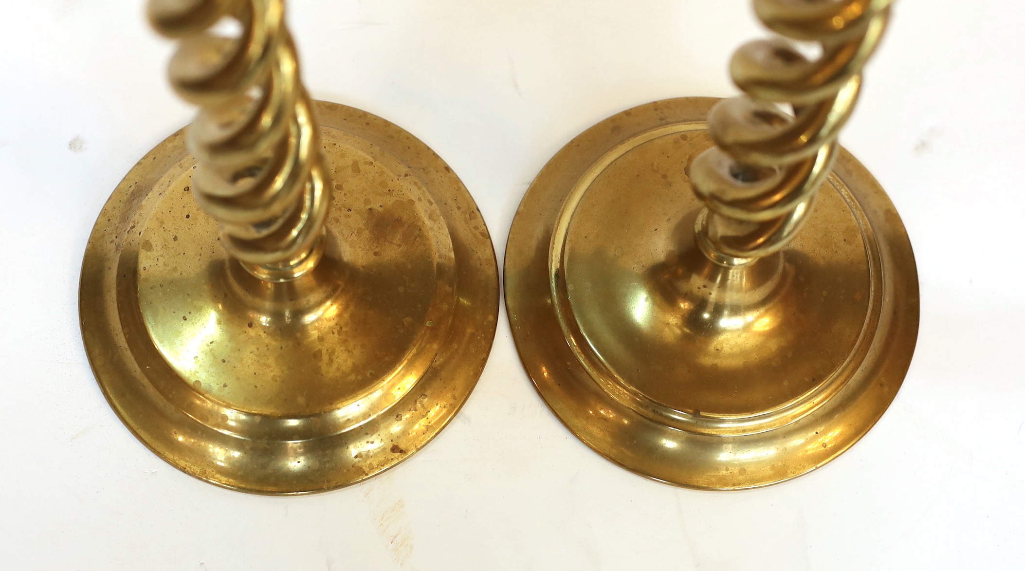A pair of Victorian brass spiral twist candlesticks, height 30cm